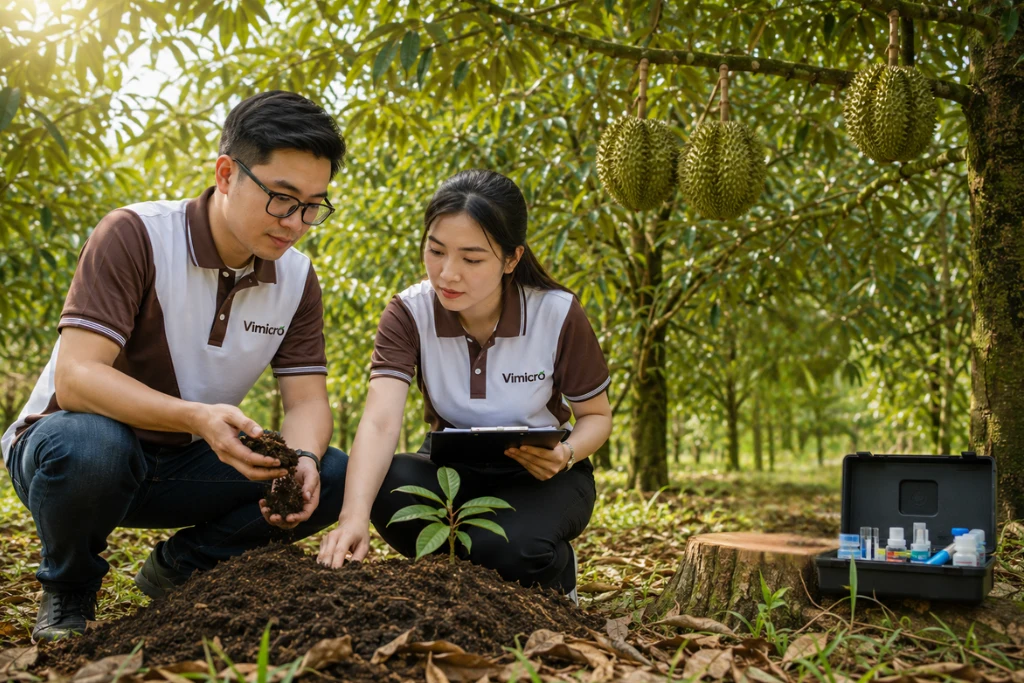 Kỹ sư đánh giá tình trạng cây và đất tại vườn